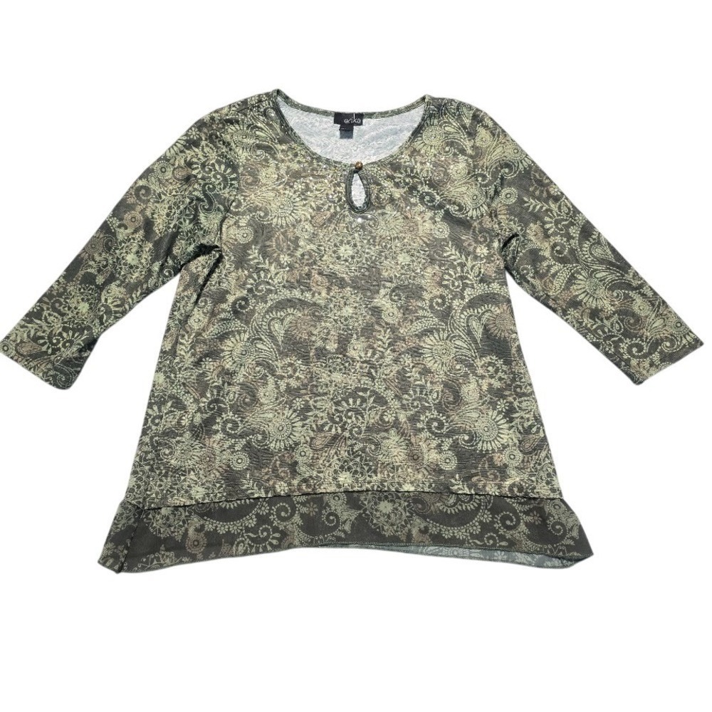 Erika Paisley Olive Green Tunic Top Womens PM Boho Keyhole 3/4 Sleeve Lagenlook